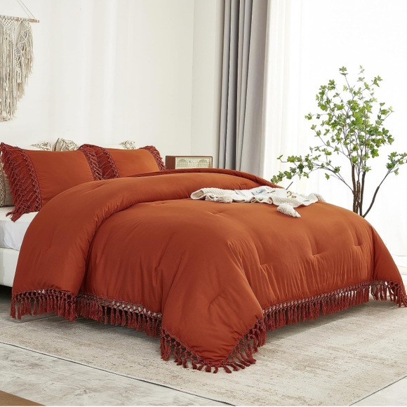 King size comforter set 3 pieces boho bohemian fringe tassel burnt orange queen - Picture 5 of 6
